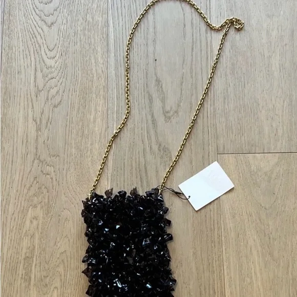 NWT $59 Zara Black Glossy Textured Black Crystal Handbag with Gold Chain - Picture 2 of 7